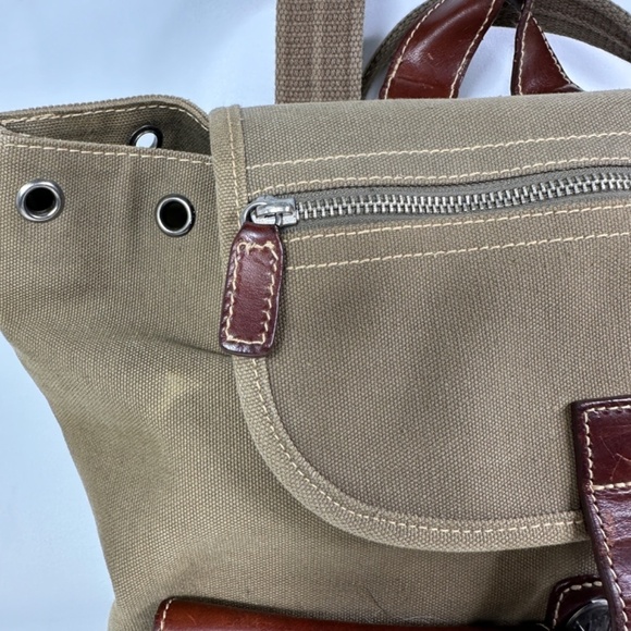 Fossil Green Canvas Brown Leather-Trim Backpack Travel Bag - Picture 5 of 13